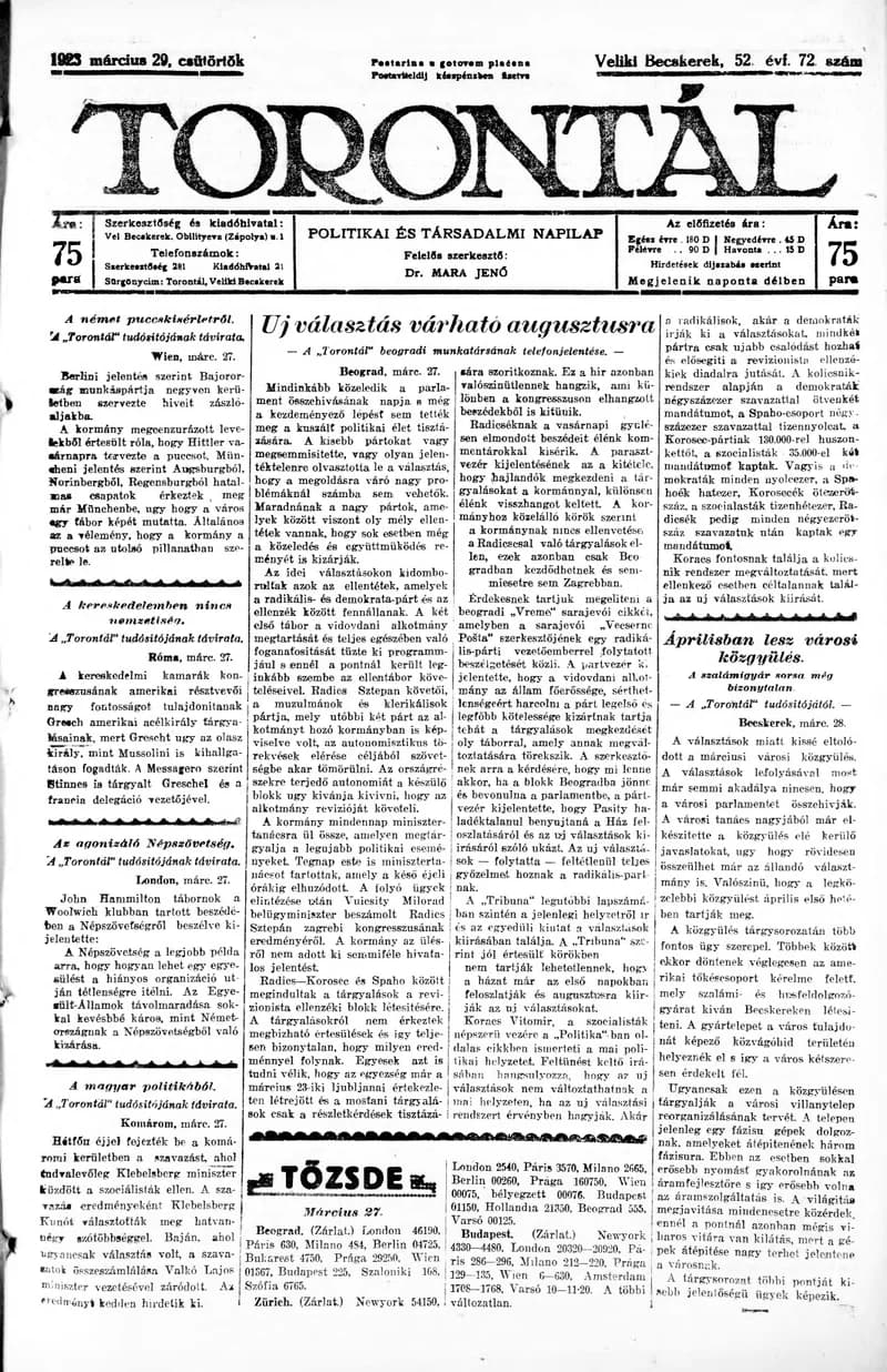 Torontál, 52. évf. 1923. március 29. 72. sz.