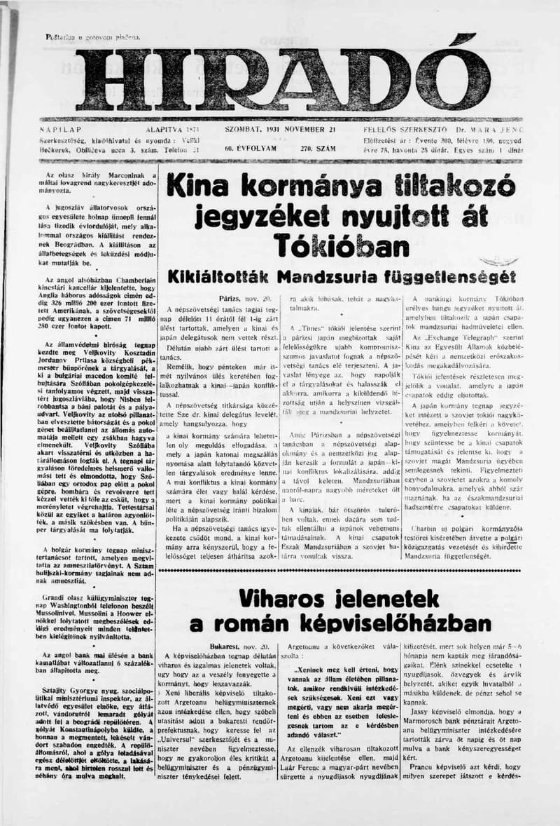 Híradó, 60. évf. 1931. november 21. 270. sz.