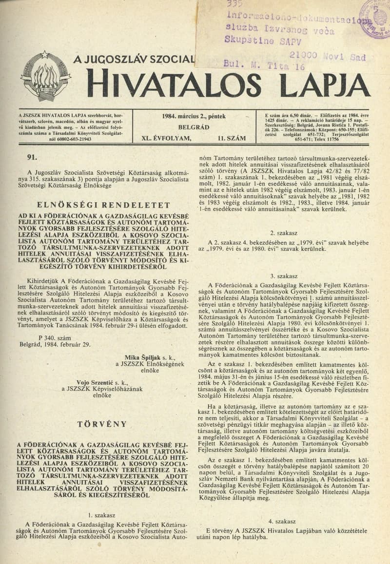 A Jugoszláv Szocialista Szövetségi Köztársaság Hivatalos Lapja, 40. évf. 1984. március 2. 11. sz. 407–414. oldal