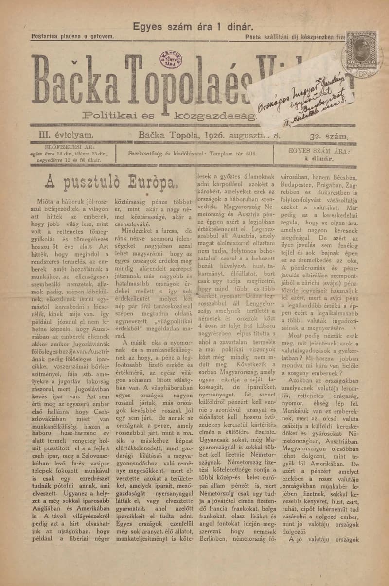 Bačka Topola és Vidéke, 3. évf. 1926. augusztus 8. 32. sz.