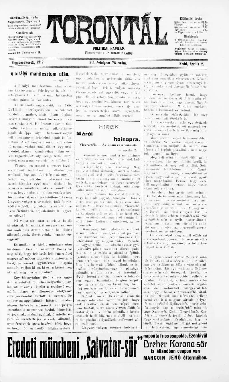 Torontál, 41. évf. 1912. április 2. 76. sz.