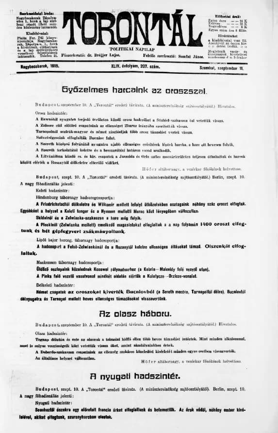 Torontál, 44. évf. 1915. szeptember 11. 207. sz.