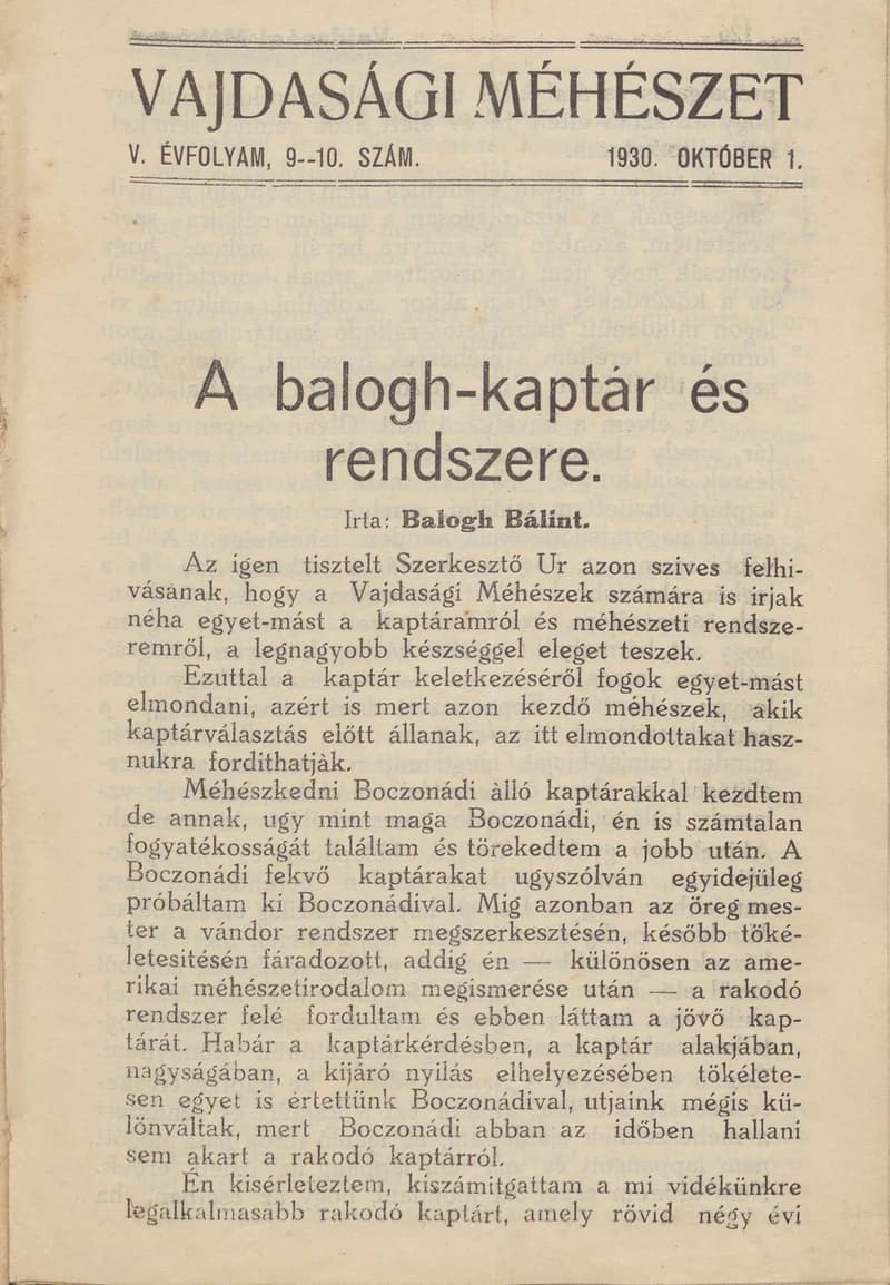 Vajdasági méhészet, 5. évf. 1930. október 1. 9–10. sz.