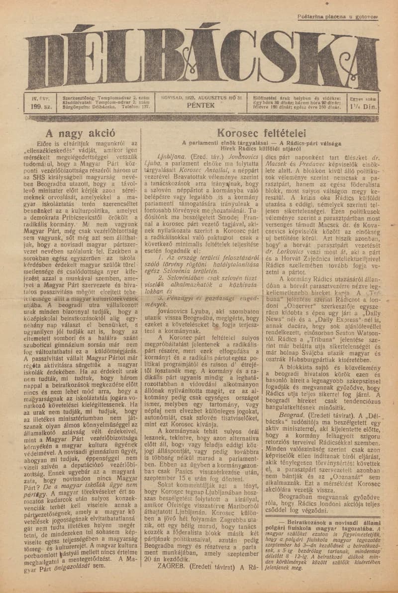 Délbácska, 4. évf. 1923. augusztus 31. 199. sz.