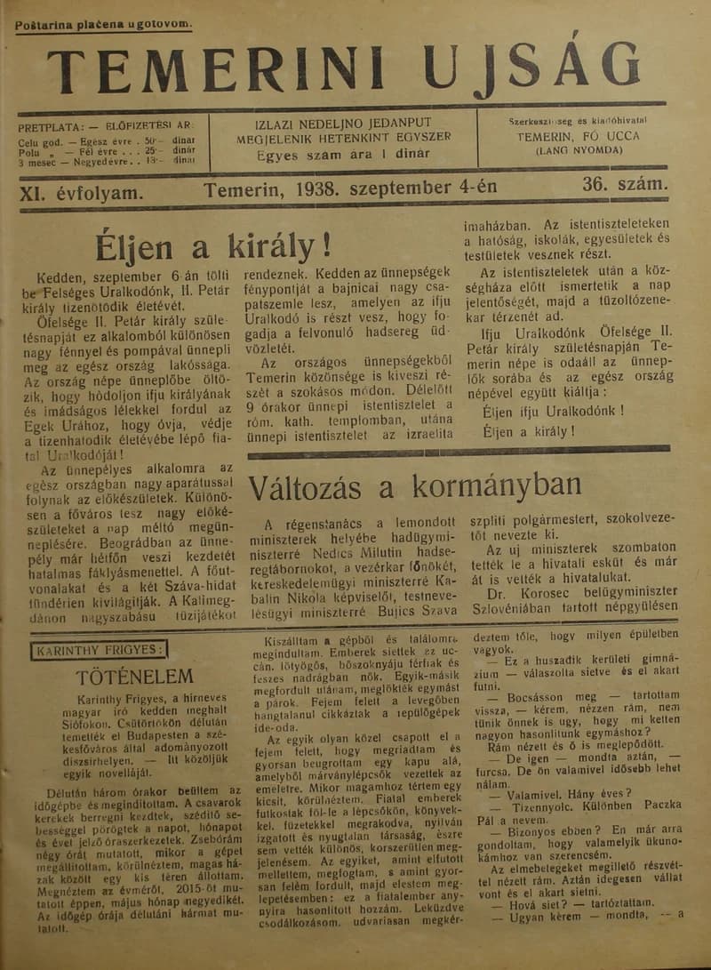 Temerini Újság 1928-1944, 11. évf. 1938. szeptember 4. 36. sz.