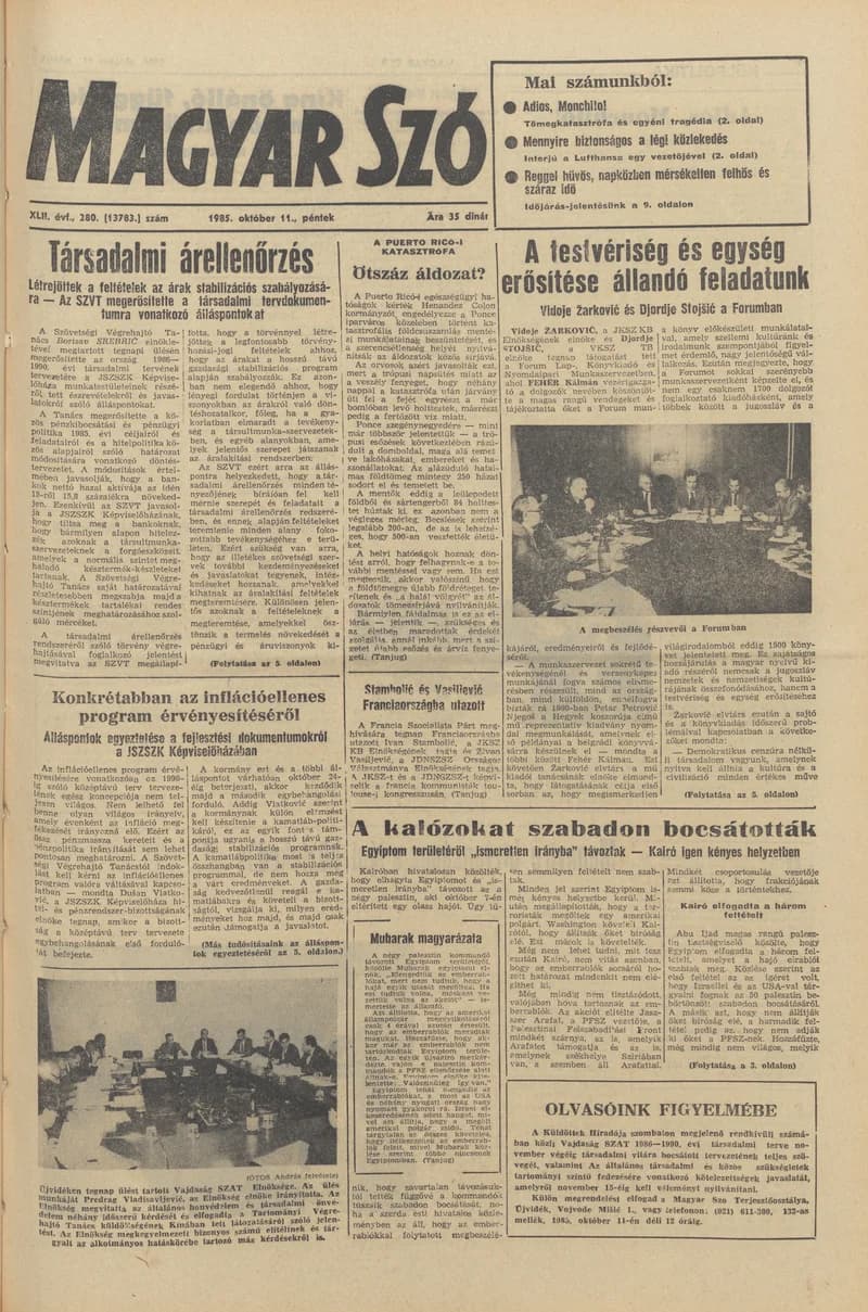 Magyar Szó, 42. évf. 1985. október 11. 280. sz. 1–20. oldal