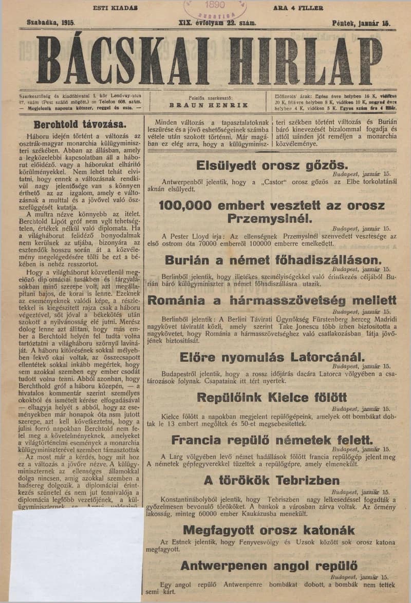 Bácskai Hirlap, 19. évf. 1915. január 15. 22. sz.