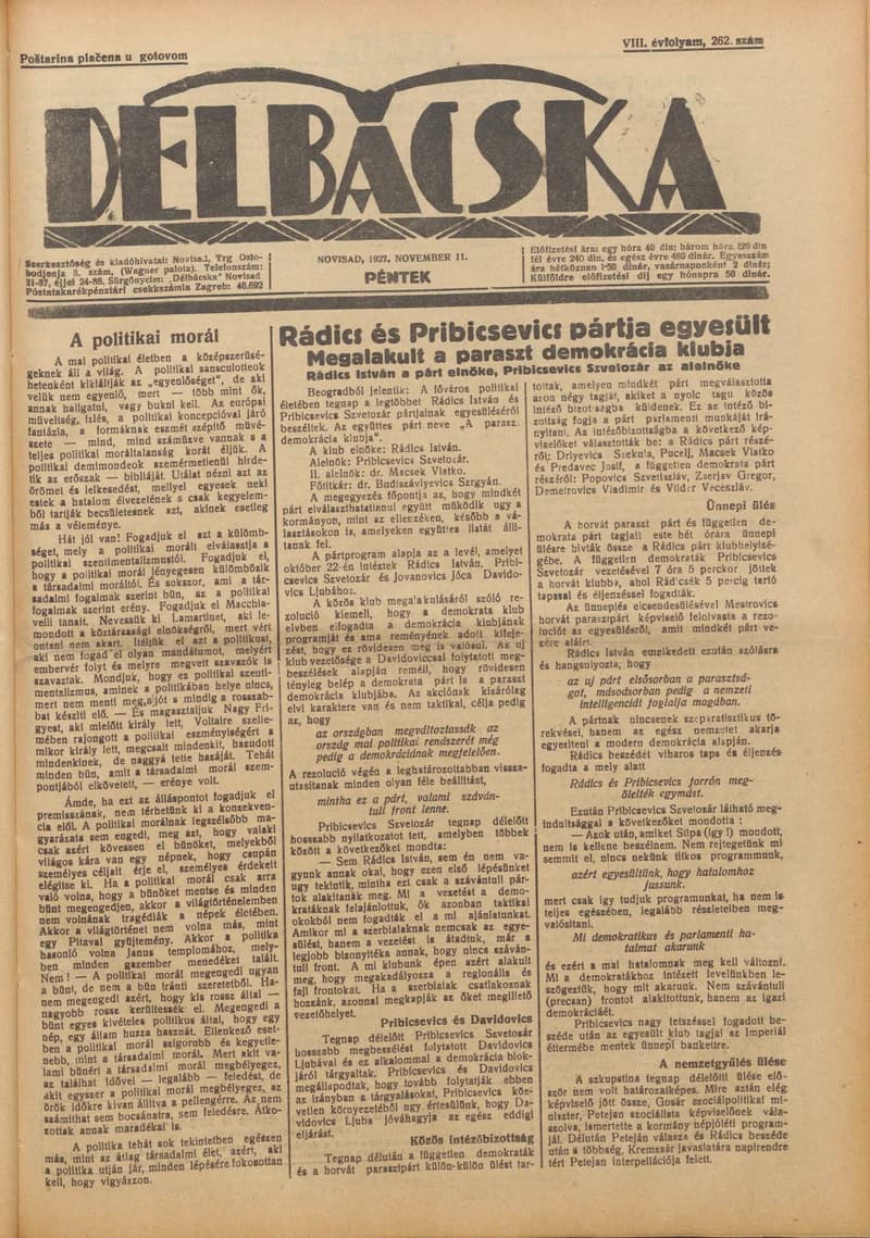 Délbácska, 8. évf. 1927. november 11. 262. sz.