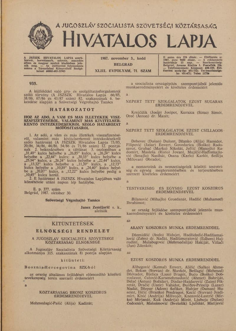 A Jugoszláv Szocialista Szövetségi Köztársaság Hivatalos Lapja, 43. évf. 1987. november 3. 71. sz. 1685–1688. oldal