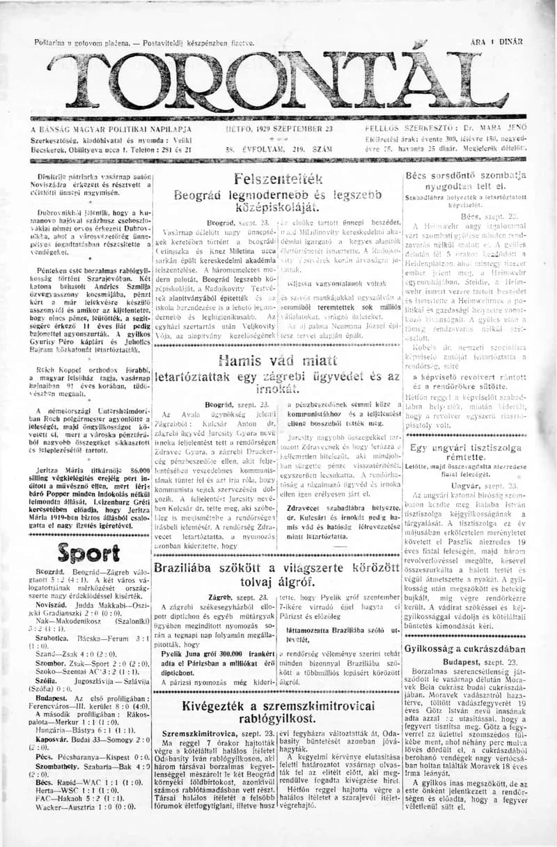 Torontál, 58. évf. 1929. szeptember 23. 219. sz.