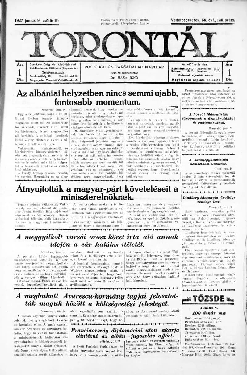Torontál, 56. évf. 1927. június 9. 130. sz.