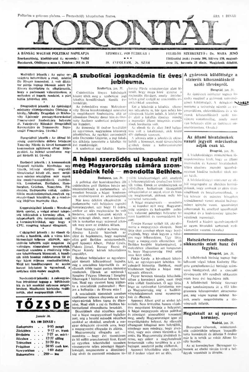 Torontál, 59. évf. 1930. február 1. 26. sz.