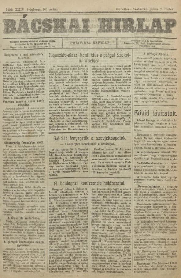 Bácskai Hirlap, 24. évf. 1920. július 2. 101. sz.