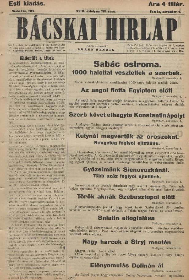 Bácskai Hirlap, 18. évf. 1914. november 4. 281. sz.