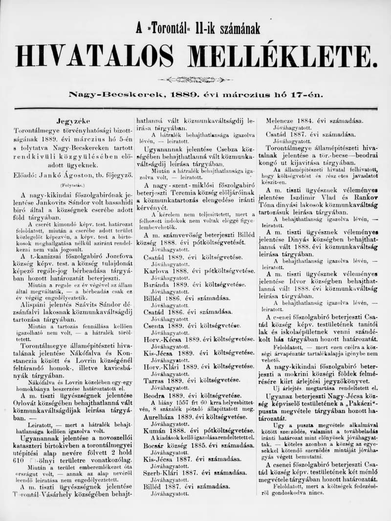 A Totontál  hivatalos melléklete, 2. évf. 1889. március 17. 11. sz.