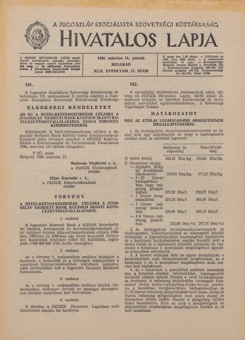 A Jugoszláv Szocialista Szövetségi Köztársaság Hivatalos Lapja, 42. évf. 1986. március 14. 12. sz. 365–368. oldal