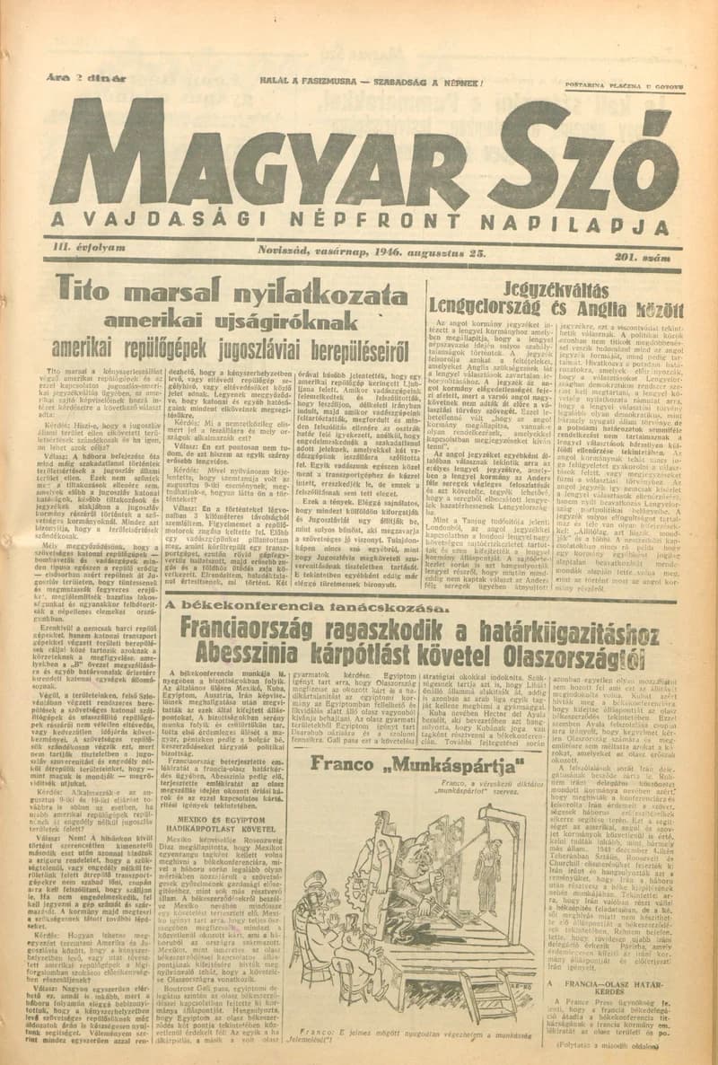 Magyar Szó, 3. évf. 1946. augusztus 25. 201. sz. 1–8. oldal