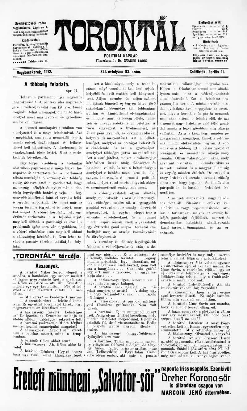 Torontál, 41. évf. 1912. április 11. 83. sz.