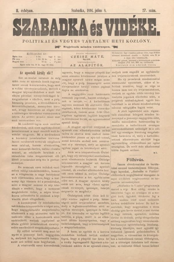Szabadka és vidéke II, 2. évf. 1894. július 8. 27. sz.