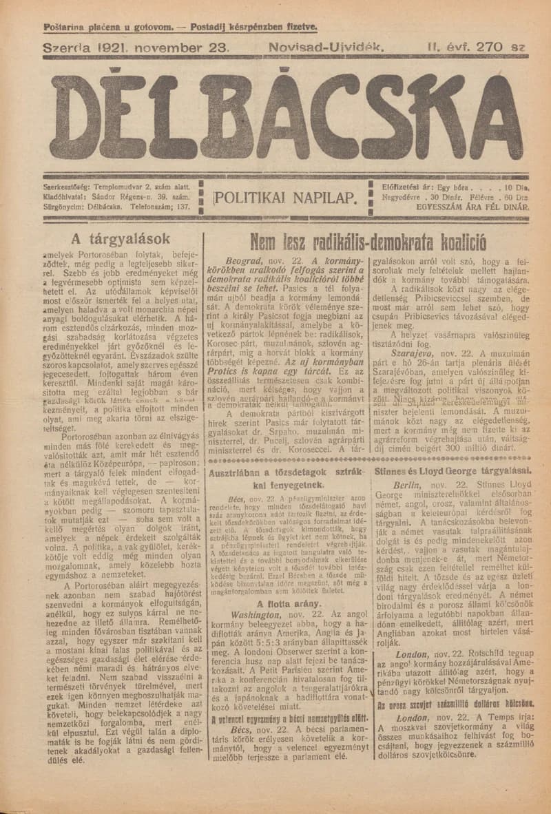 Délbácska, 2. évf. 1921. november 23. 270. sz.
