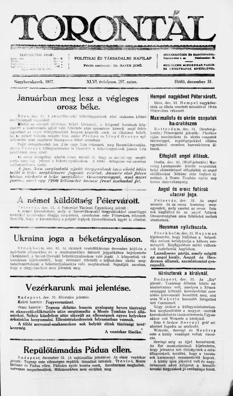 Torontál, 46. évf. 1917. december 31. 297. sz.
