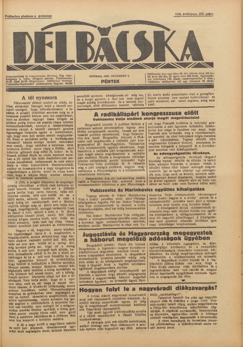 Délbácska, 8. évf. 1927. december 9. 285. sz.