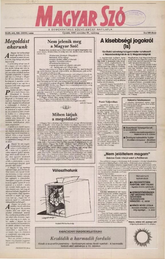 Magyar Szó, 49. évf. 1992. november 22. 322. sz. 1–28. oldal