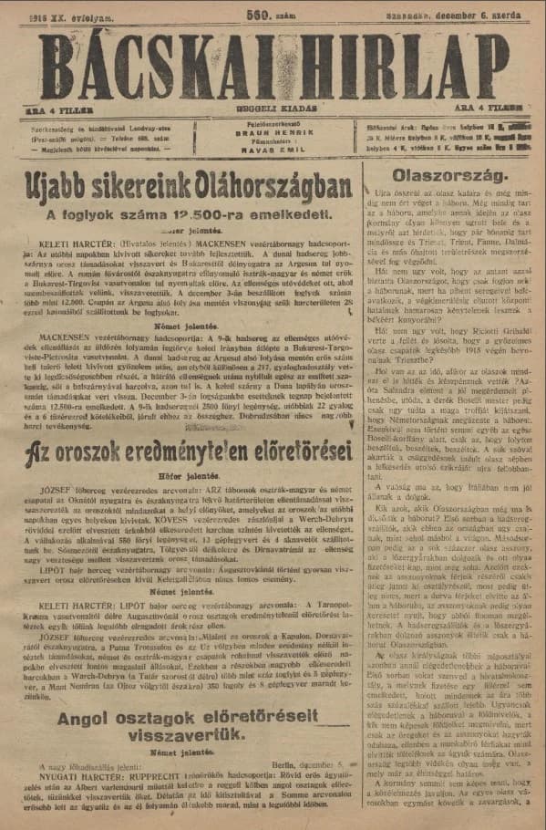 Bácskai Hirlap, 20. évf. 1916. december 6. 560. sz.