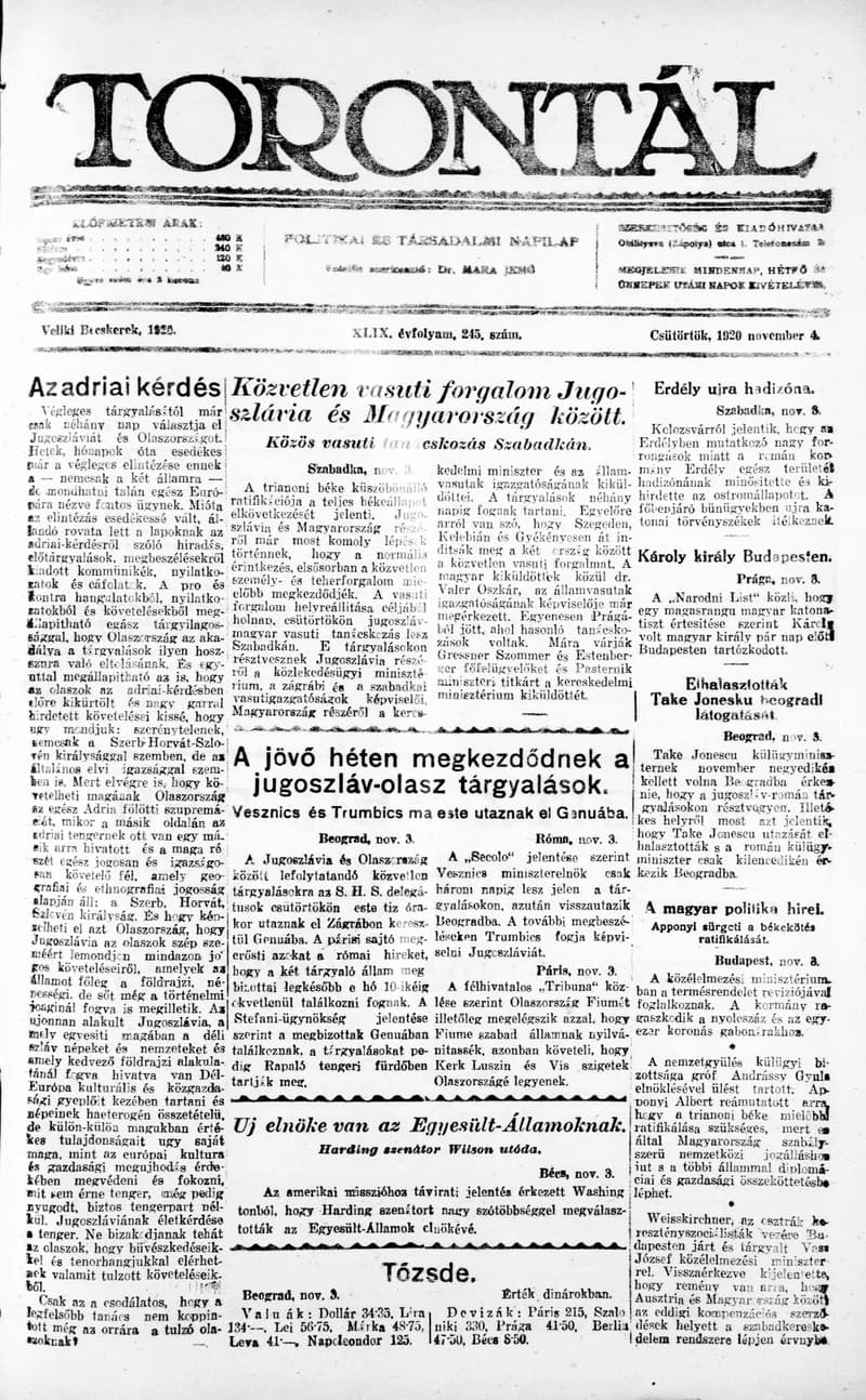 Torontál, 49. évf. 1920. november 4. 245. sz.