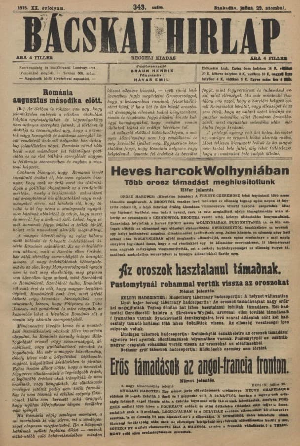 Bácskai Hirlap, 20. évf. 1916. július 29. 343. sz.