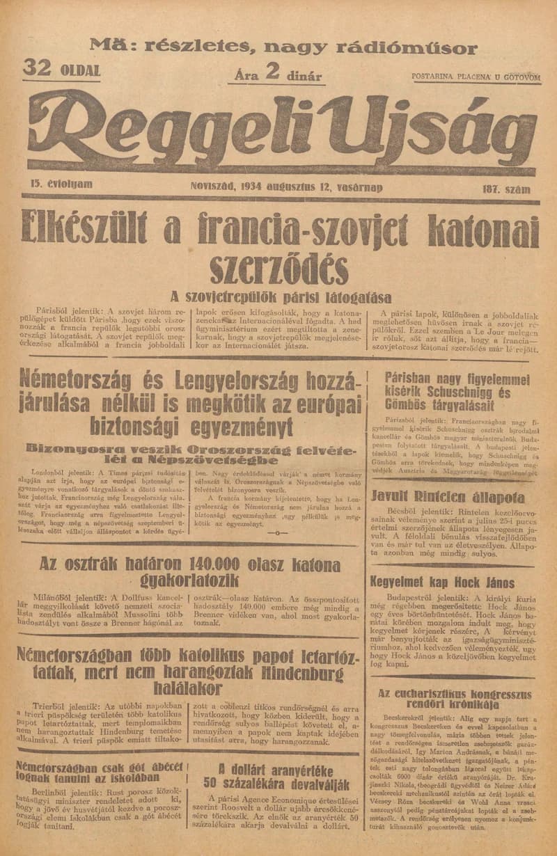 Reggeli Újság, 15. évf. 1934. augusztus 12. 187. sz.