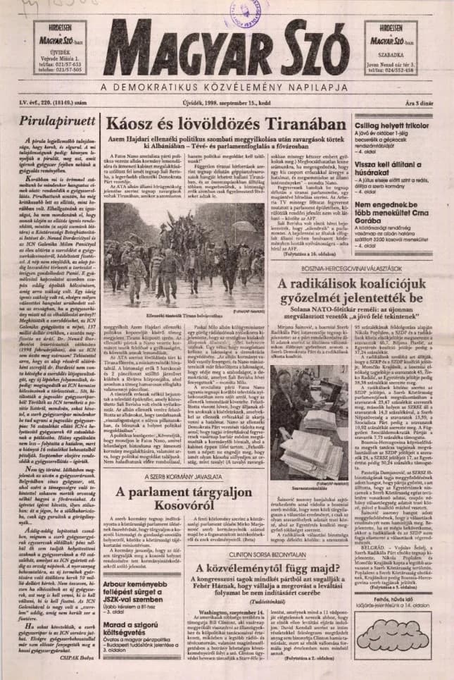 Magyar Szó, 55. évf. 1998. szeptember 15. 220. sz. 1–16. oldal