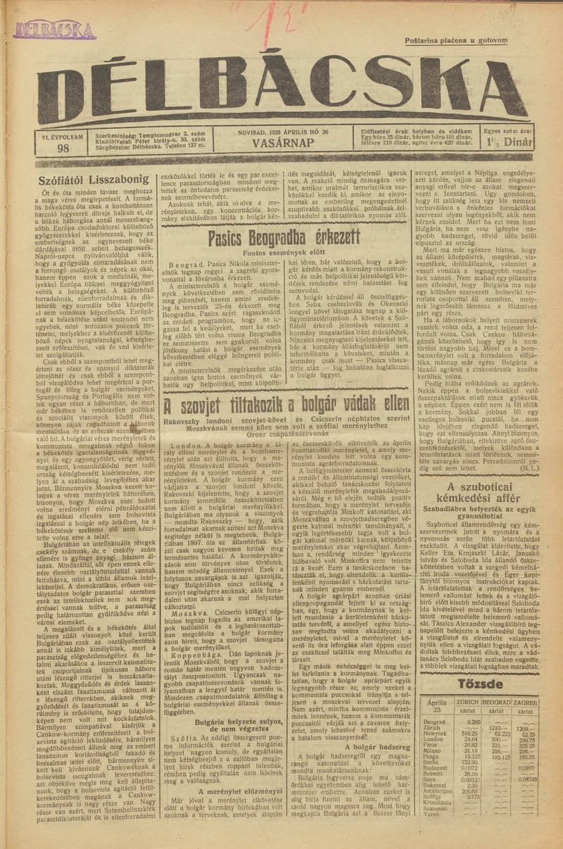 Délbácska, 6. évf. 1925. április 26. 98. sz.