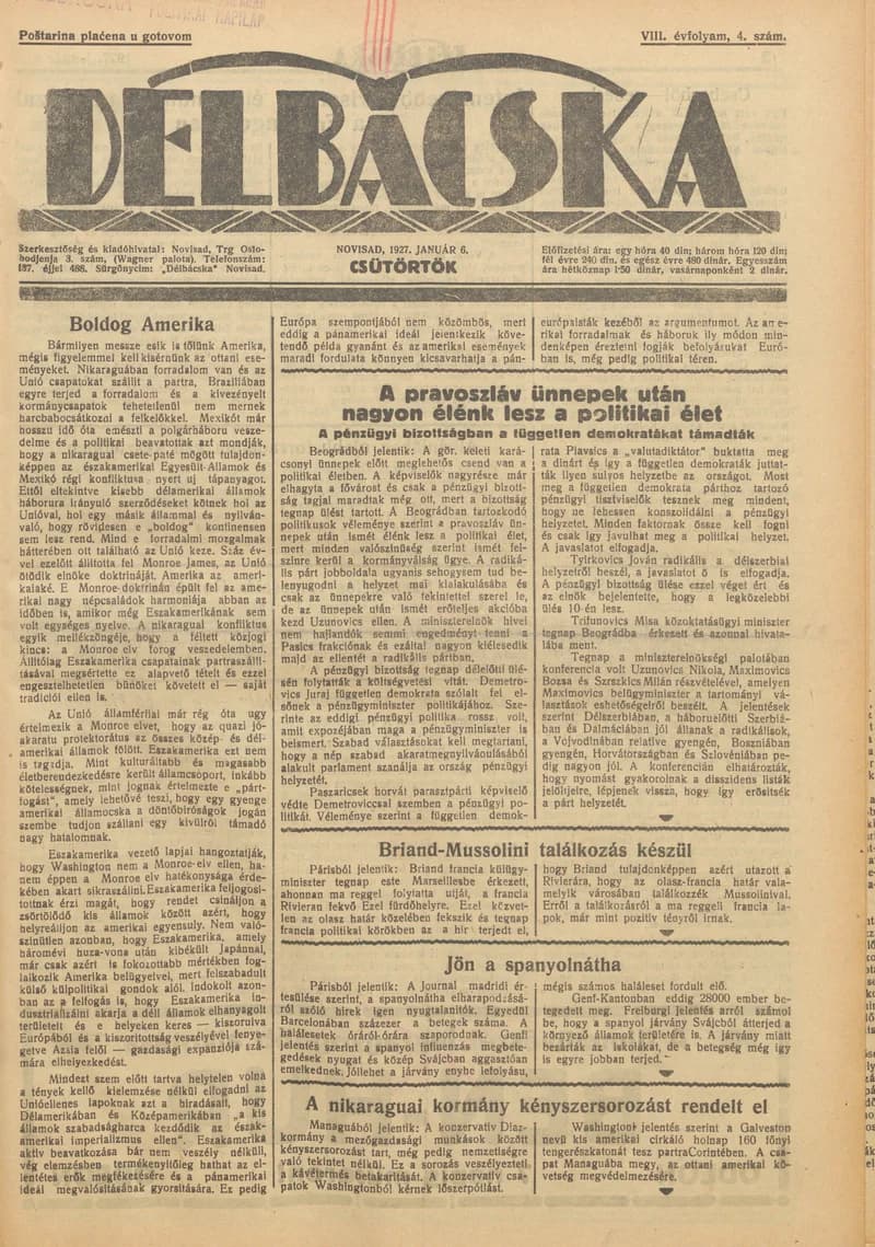 Délbácska, 8. évf. 1927. január 6. 4. sz.