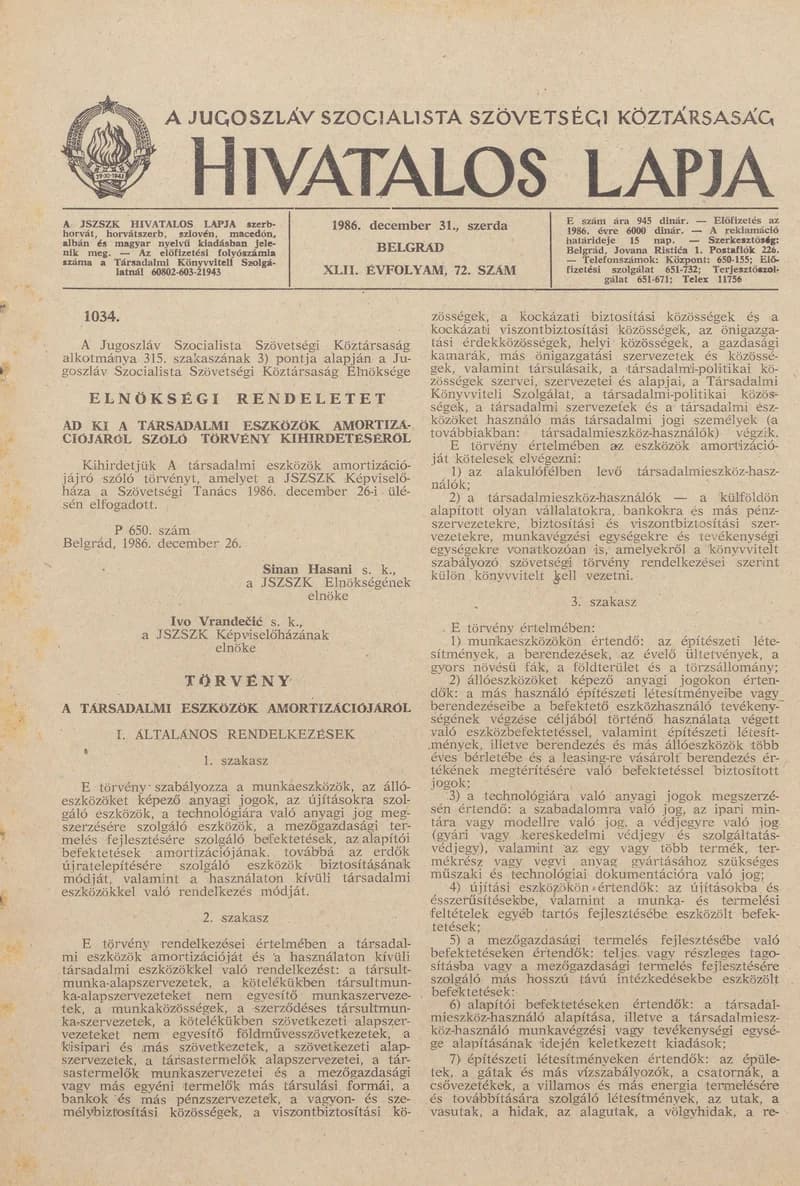 A Jugoszláv Szocialista Szövetségi Köztársaság Hivatalos Lapja, 42. évf. 1986. december 31. 72. sz. 2161–2268. oldal