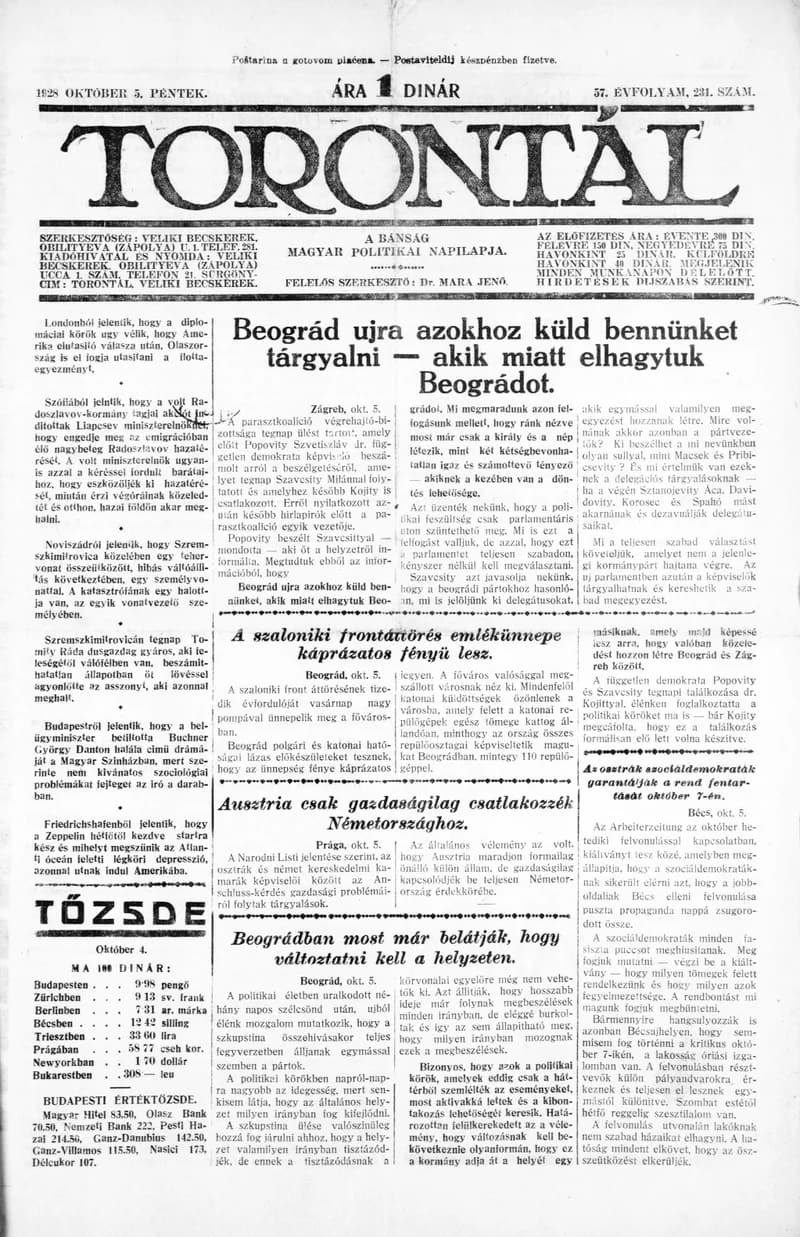 Torontál, 57. évf. 1928. október 5. 231. sz.