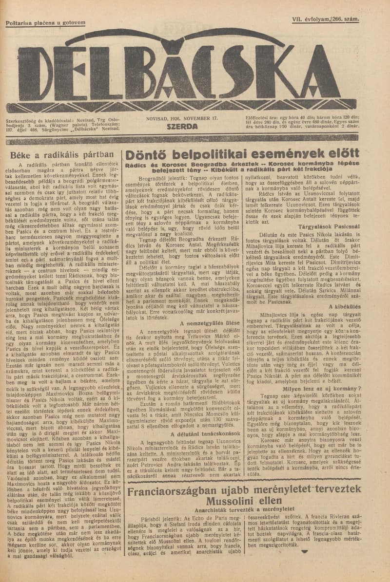 Délbácska, 7. évf. 1926. november 17. 266. sz.