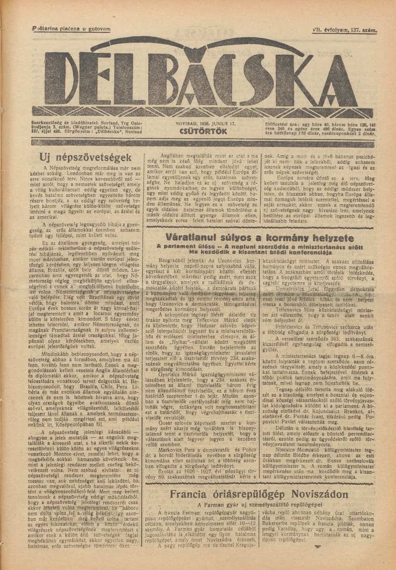 Délbácska, 7. évf. 1926. június 17. 137. sz.
