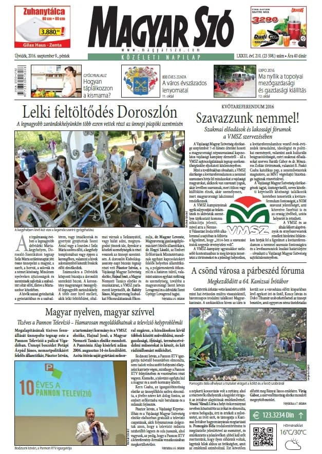 Magyar Szó, 73. évf. 2016. szeptember 9. 210. sz. 1–16. oldal