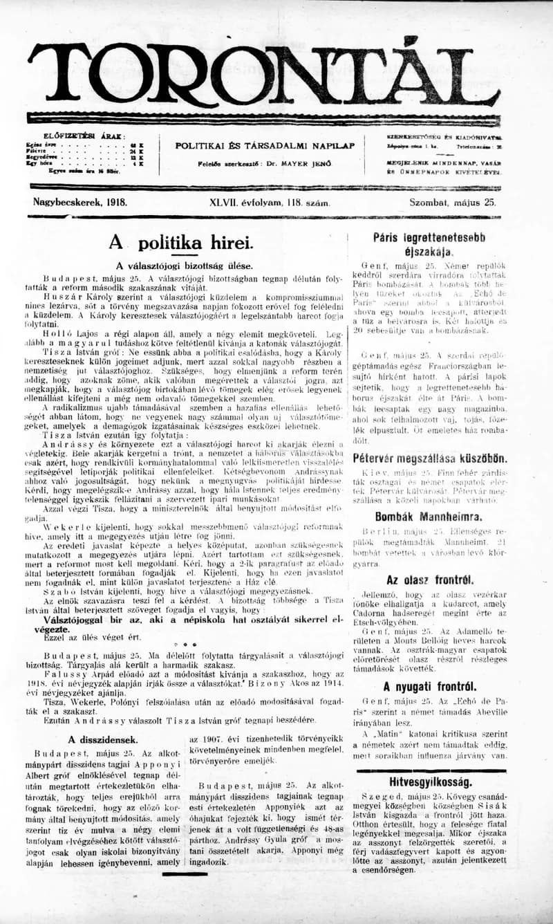 Torontál, 47. évf. 1918. május 25. 118. sz.