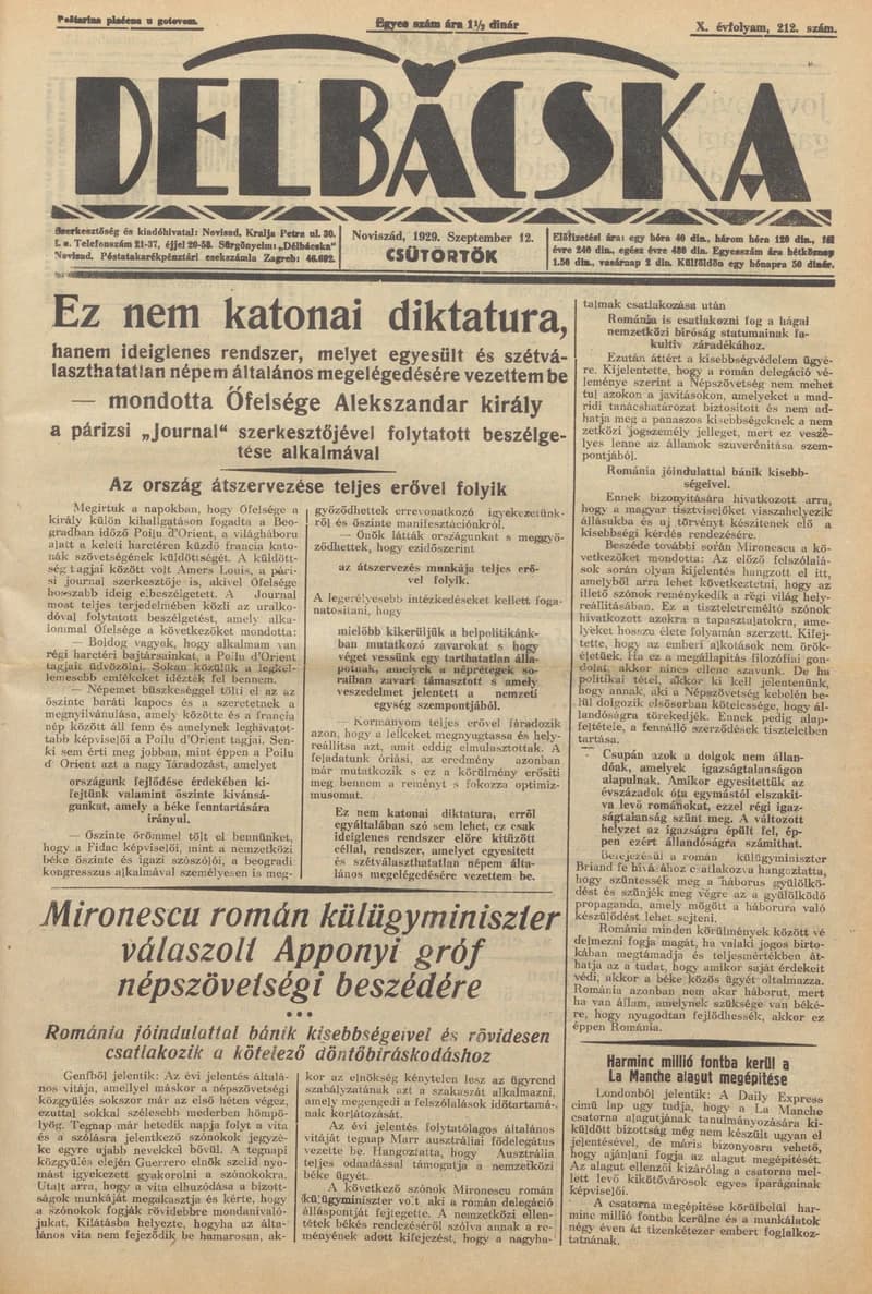 Délbácska, 10. évf. 1929. szeptember 12. 212. sz.