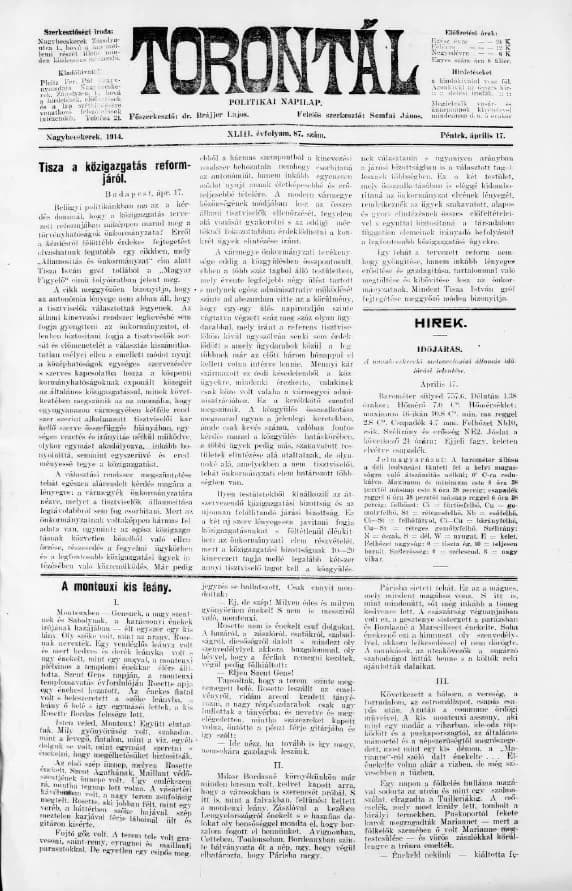 Torontál, 43. évf. 1914. április 17. 87. sz.