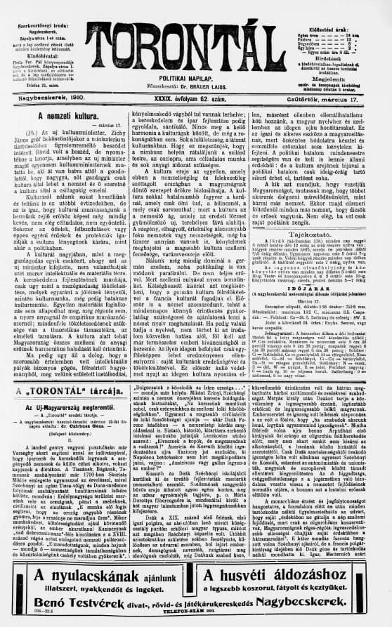 Torontál, 39. évf. 1910. március 17. 62. sz.