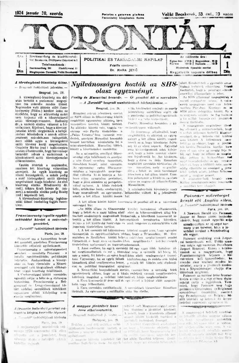 Torontál, 53. évf. 1924. január 30. 23. sz.
