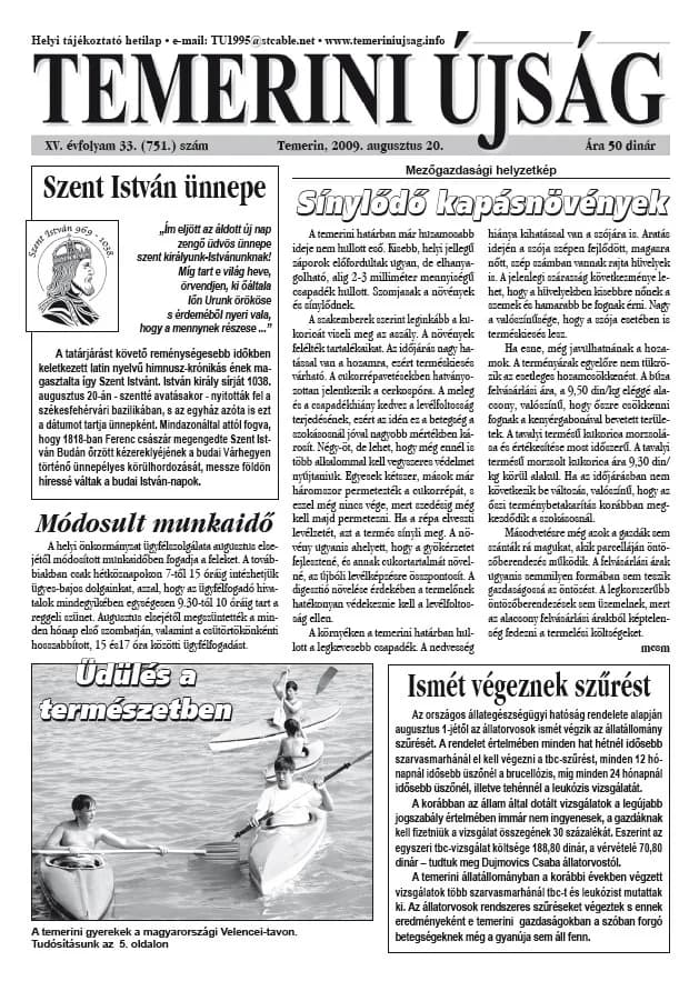 Temerini Újság, 15. évf. 2009. augusztus 20. 33. sz.