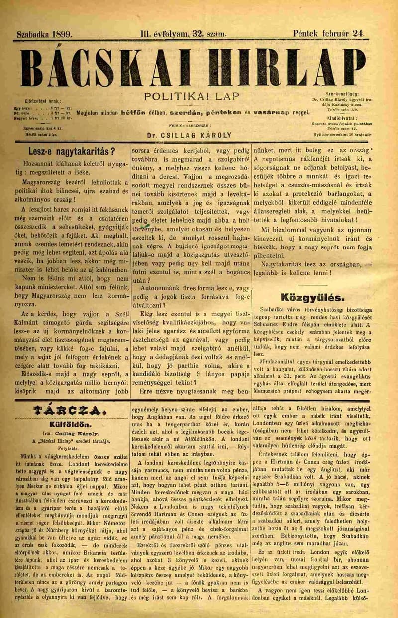 Bácskai Hirlap, 3. évf. 1899. február 24. 32. sz.