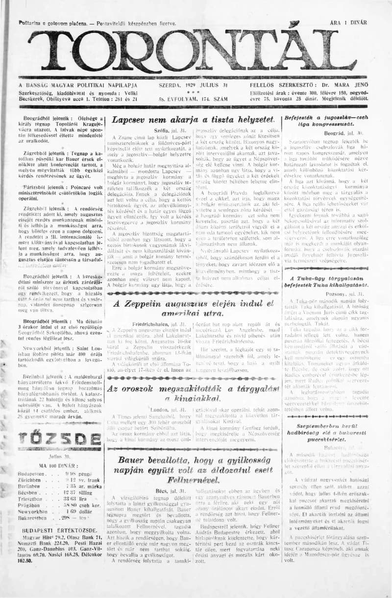 Torontál, 58. évf. 1929. július 31. 174. sz.
