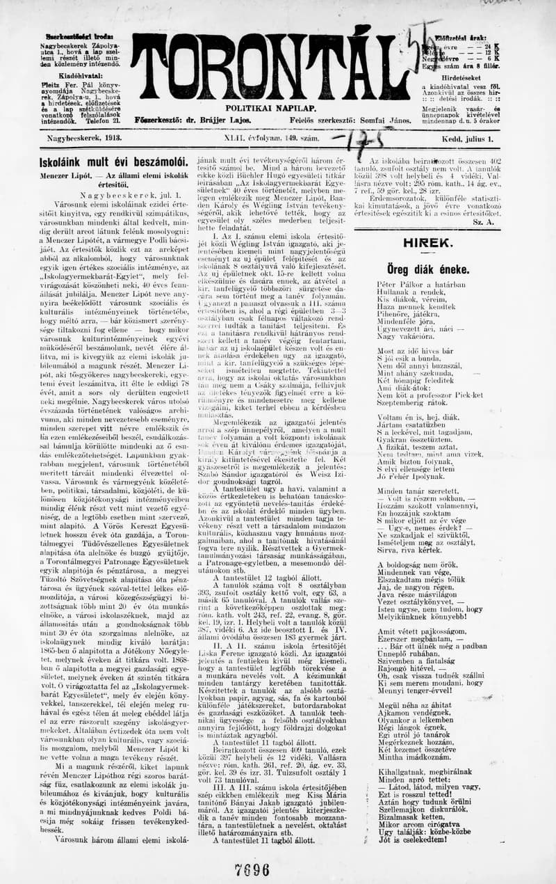 Torontál, 42. évf. 1913. július 1. 149. sz.