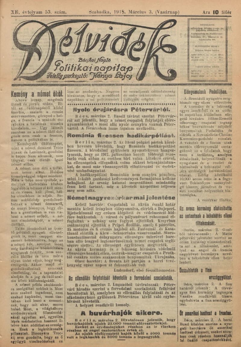Délvidék, 12. évf. 1918. március 3. 53. sz.