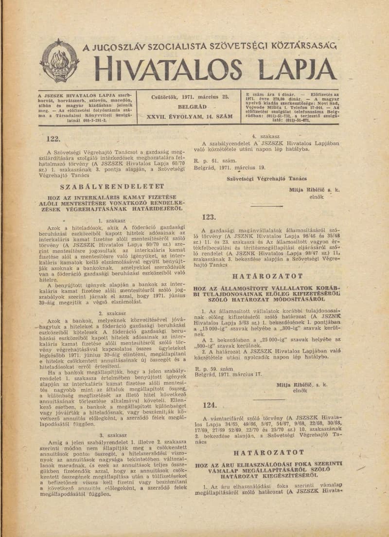 A Jugoszláv Szocialista Szövetségi Köztársaság Hivatalos Lapja, 27. évf. 1971. március 25. 14. sz. 241–244. oldal